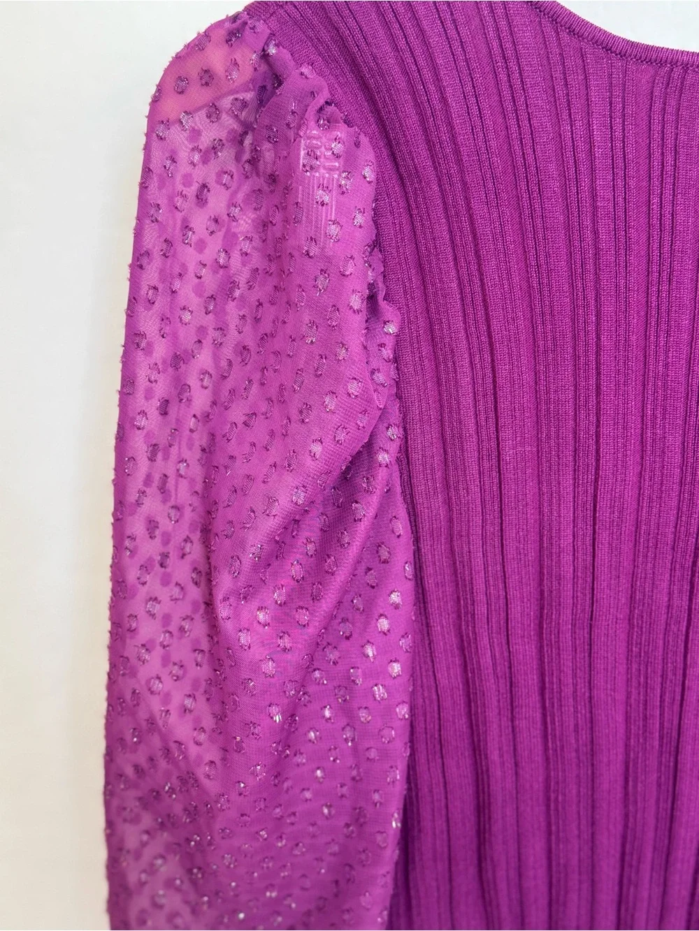 Anthropologie Ribbed Scoop Neck Shimmer Puff Sleeve Top Plum Purple Large